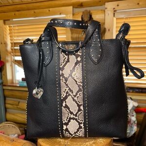 Brighton “Johnny” Tall Convertible Tote Snake Print Black